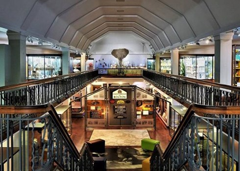 Interior view of a museum with a staircase and display cases.