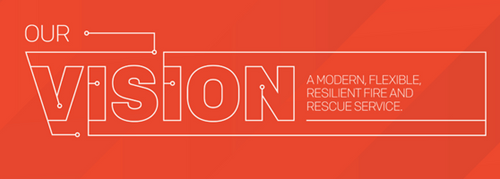 Text "Our Vision" on orange background. Modern fire service description.