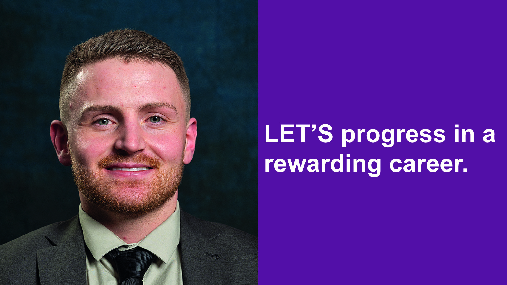 Man smiling, wearing a suit, with text "Let's progress in a rewarding career."
