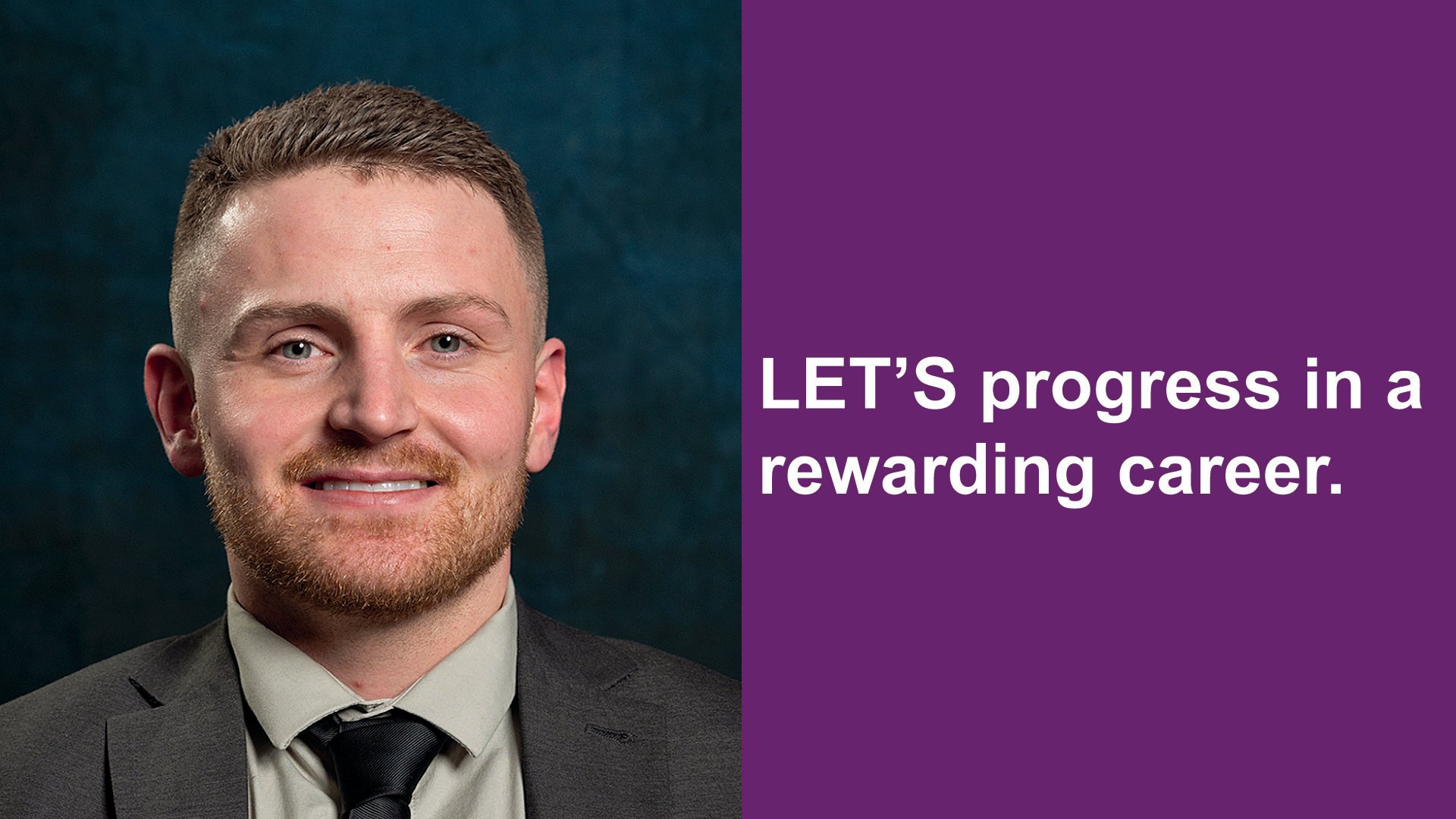 Man smiling, wearing a suit, with text "Let's progress in a rewarding career."