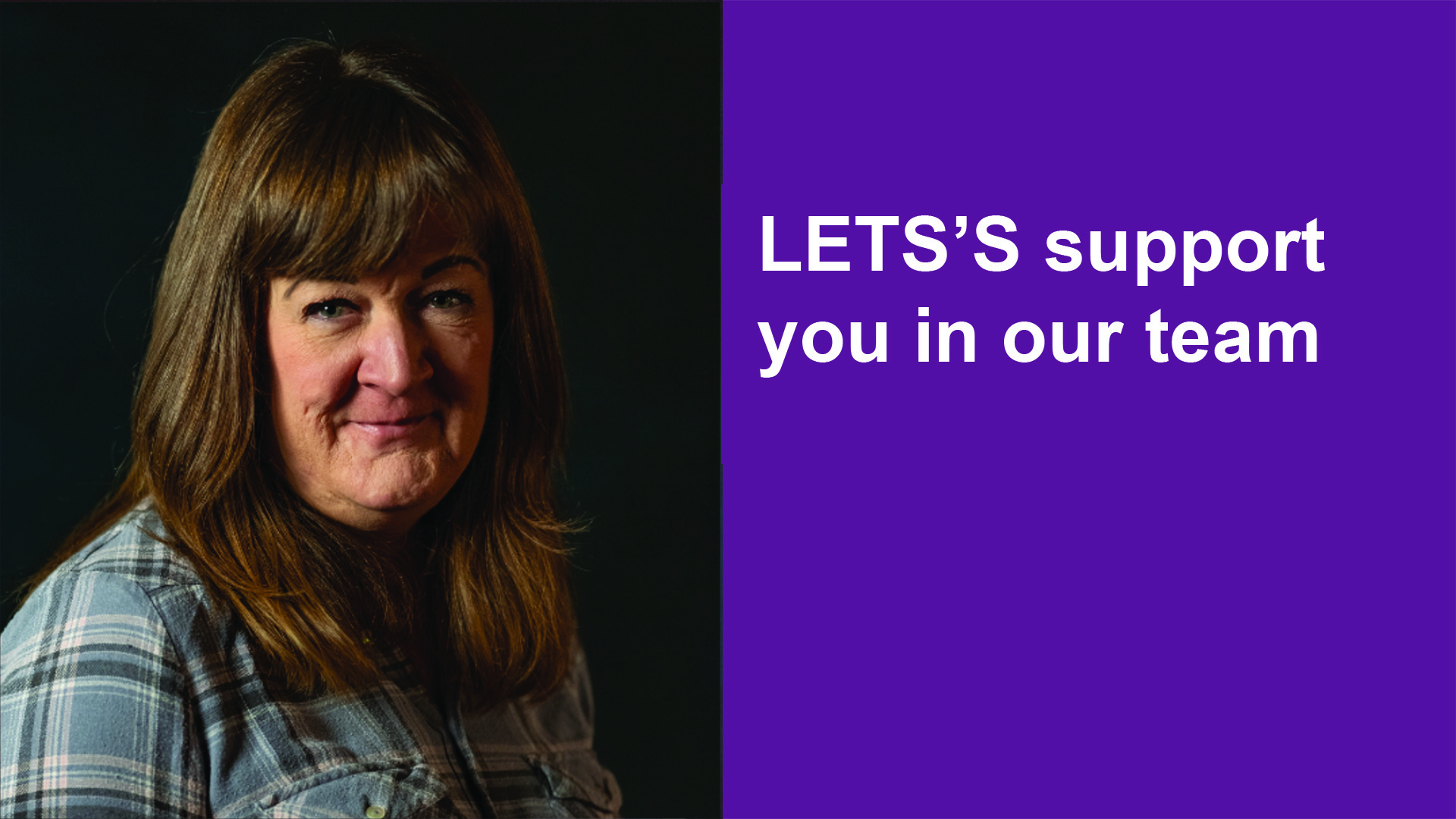 Woman smiling, plaid shirt, purple background, text.