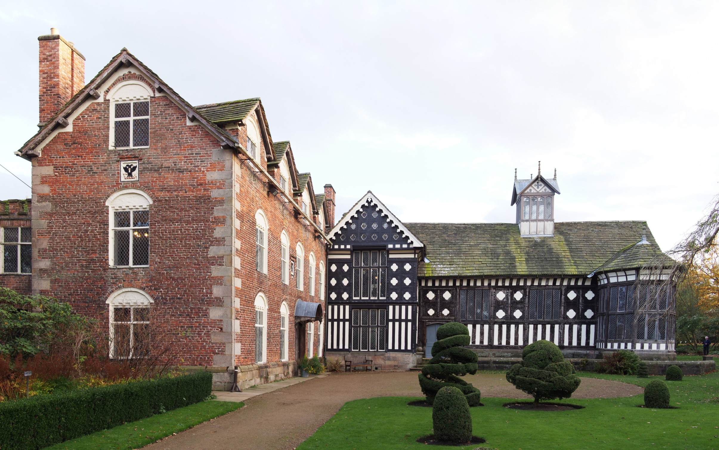 Exterior of Rufford Old Hall, brick and timber-framed house.