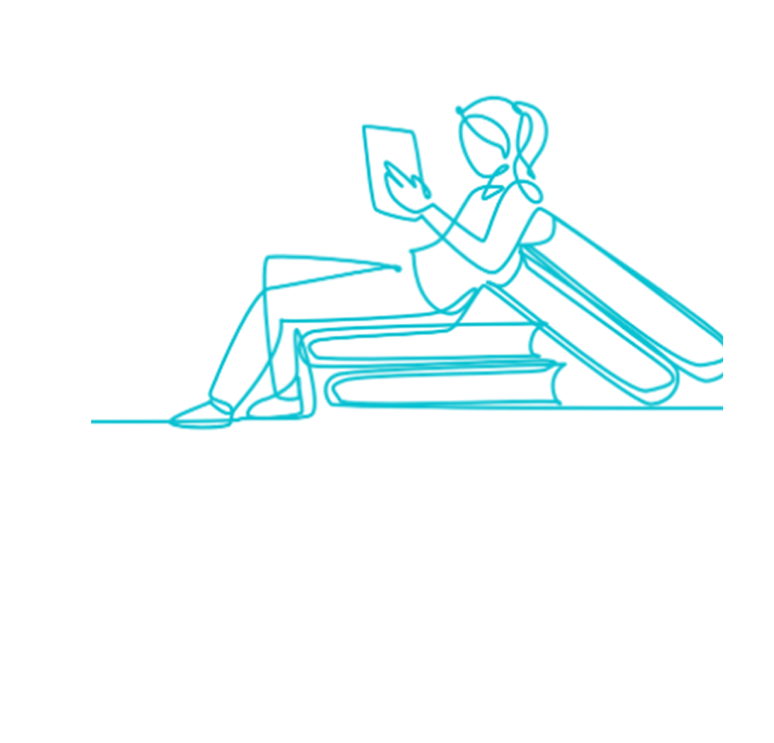Woman sitting on books, reading a tablet, in outline style.