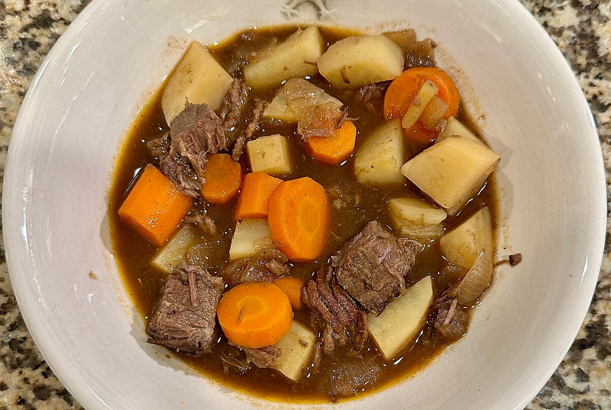 Stew with beef, potatoes, and carrots.