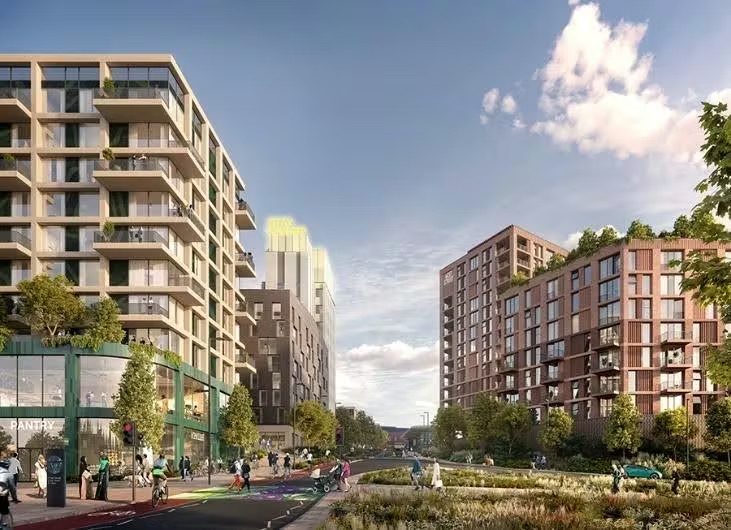 Architectural rendering of buildings, street, and people.