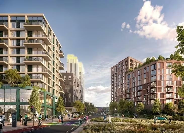 Architectural rendering of buildings, street, and people.