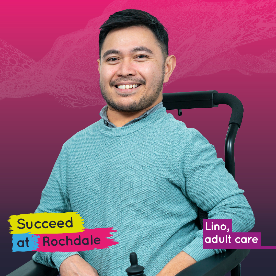 Smiling man in a wheelchair, "Succeed at Rochdale" text.