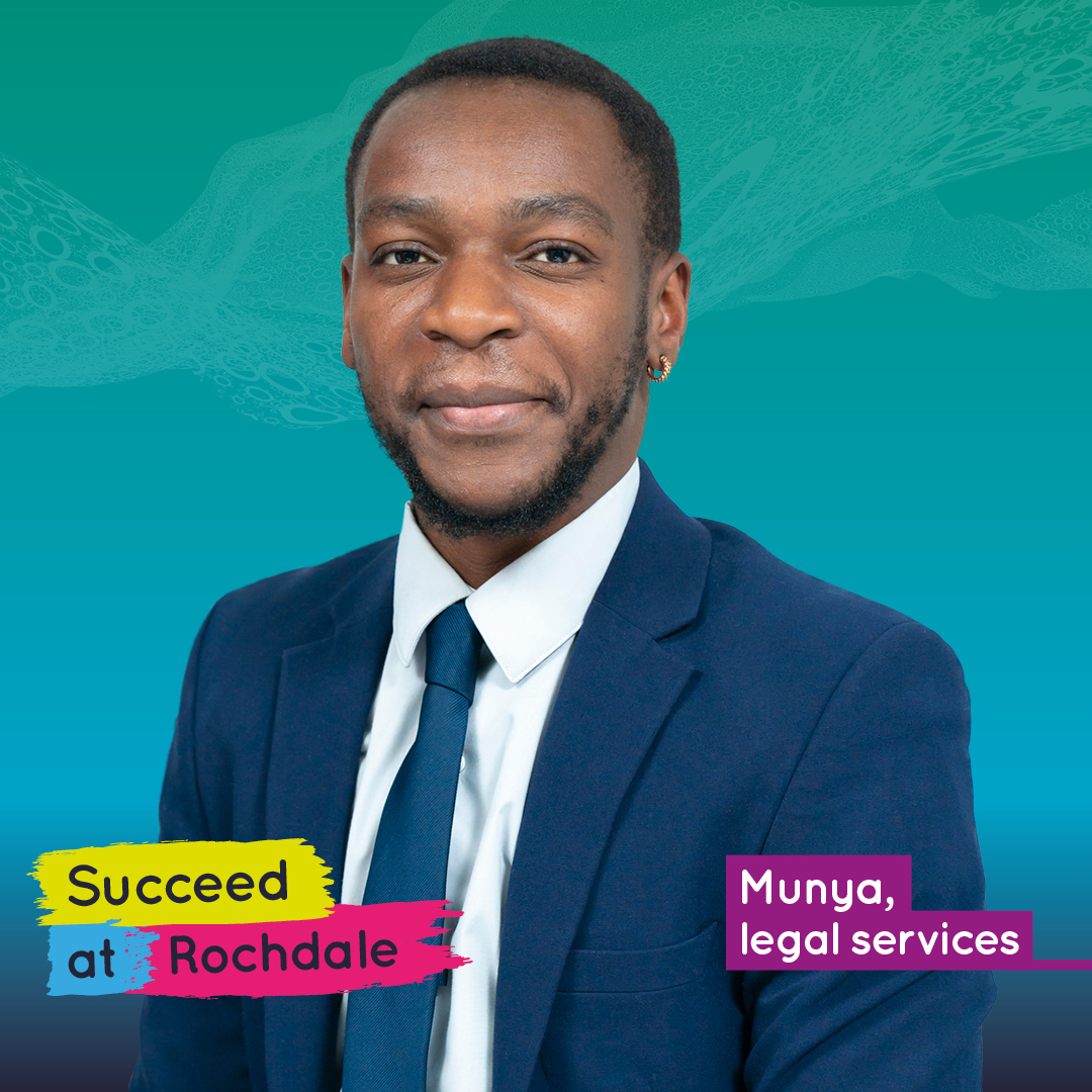 Man in a suit with "Succeed at Rochdale" text.