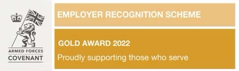 Armed Forces Covenant Gold Award 2022 logo. Lion holding a flag.