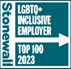 Logo for LGBTQ+ inclusive employer, "Stonewall Top 100 2023."