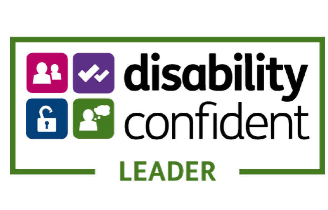 Logo for Disability Confident Leader, with icons and text.
