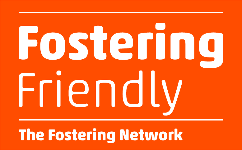 Logo for Fostering Friendly in white on orange background.