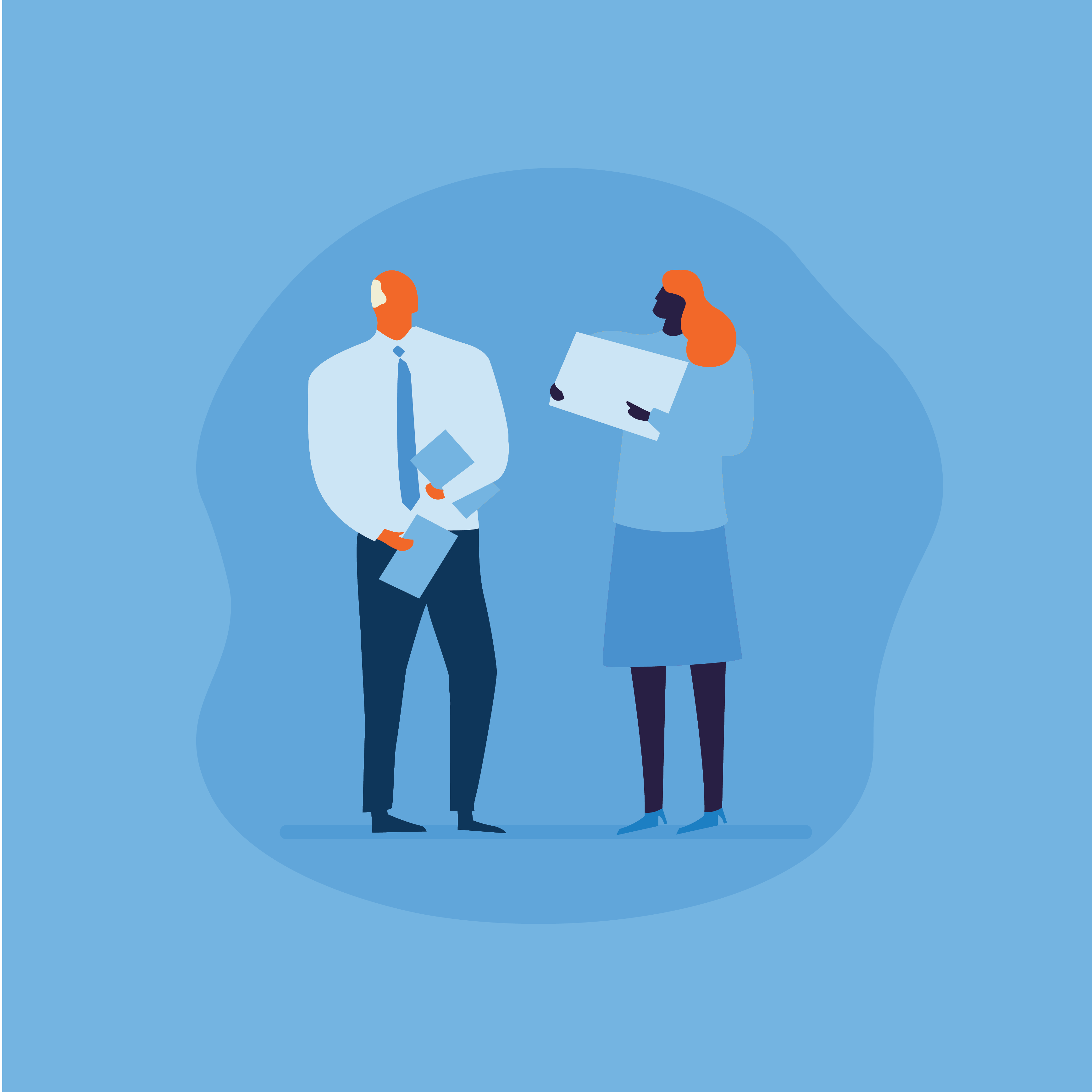 Two people discussing a document against a blue background.