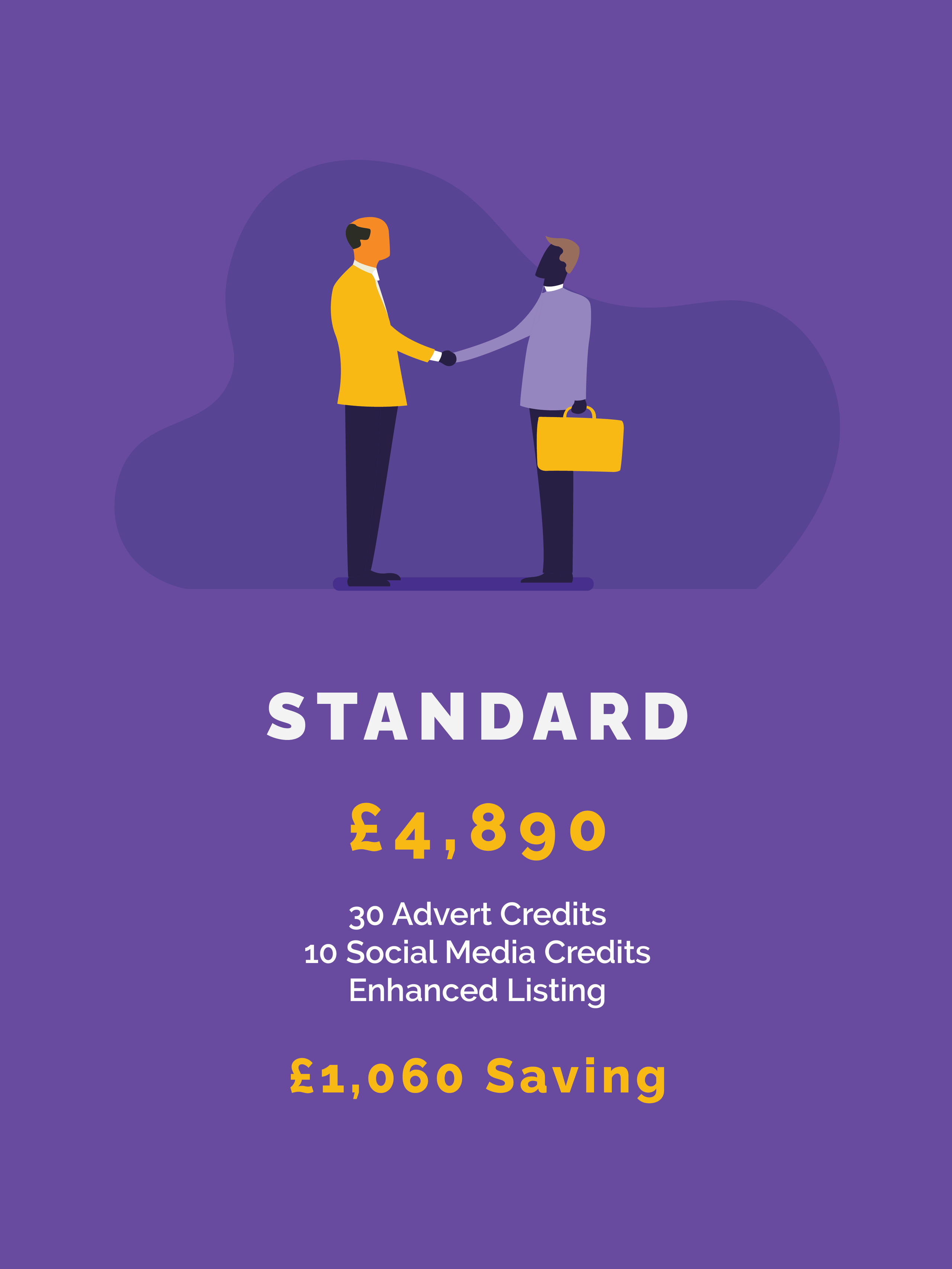 Standard recruitment bundle priced at £4,890, including 30 advert credits, 10 social media credits, and enhanced listing, with a £1,060 saving.