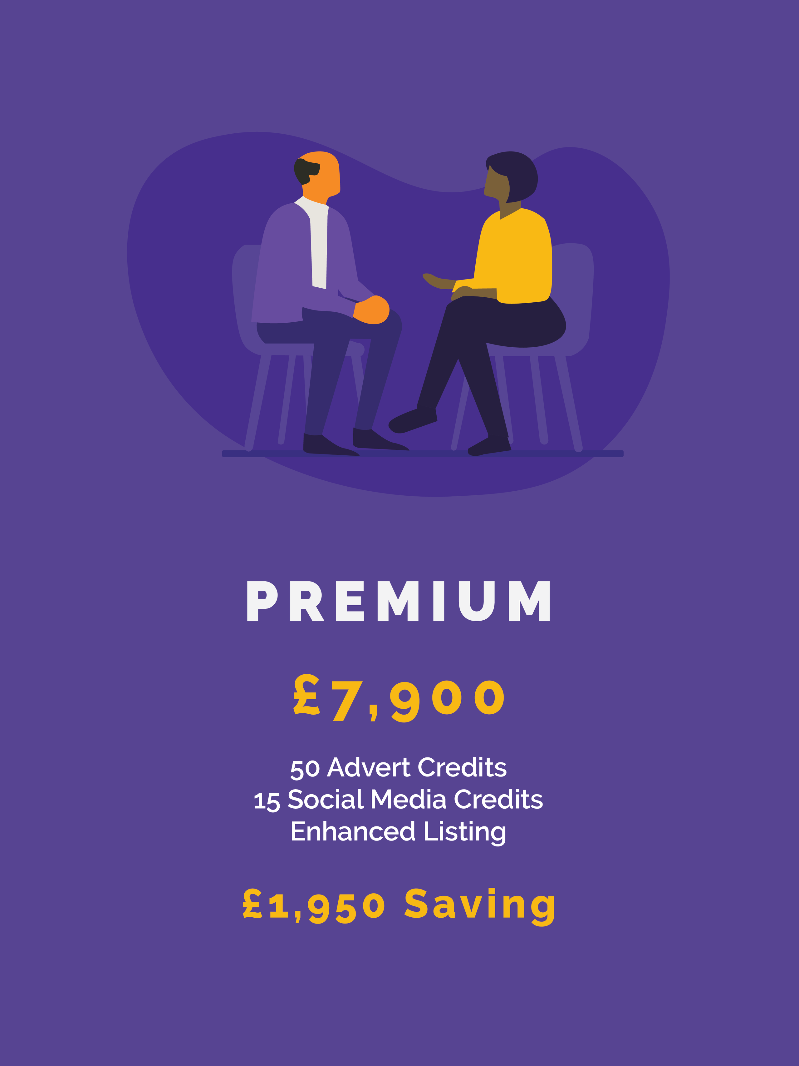 Premium recruitment package for £7,990, includes 50 advert credits, 15 social media credits, enhanced listing, and a £1,950 saving.
