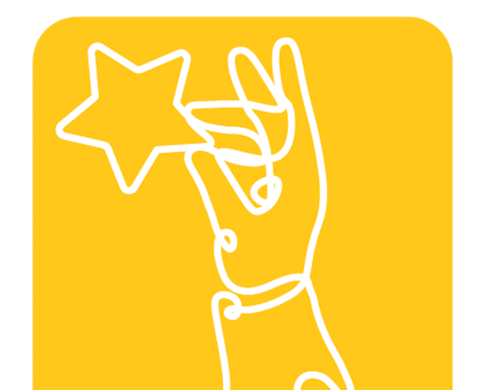 A white line drawing of a hand holding a star against a yellow background.