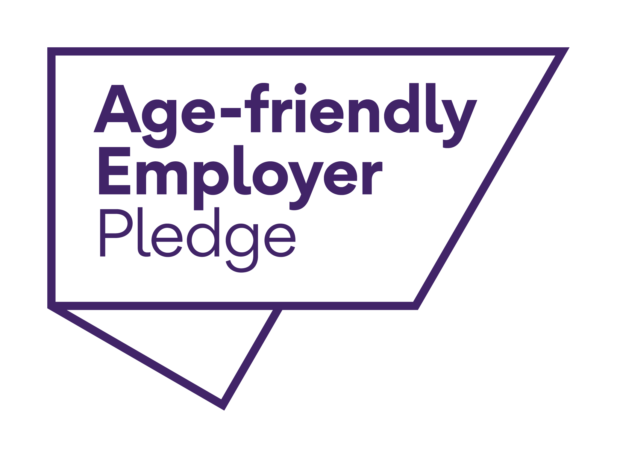 Logo with text "Age-friendly Employer Pledge" in purple outline against a black background.