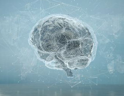 A transparent, wireframe brain is depicted, surrounded by interconnected lines and dots, suggesting a digital network or neural connections on a light blue background.
