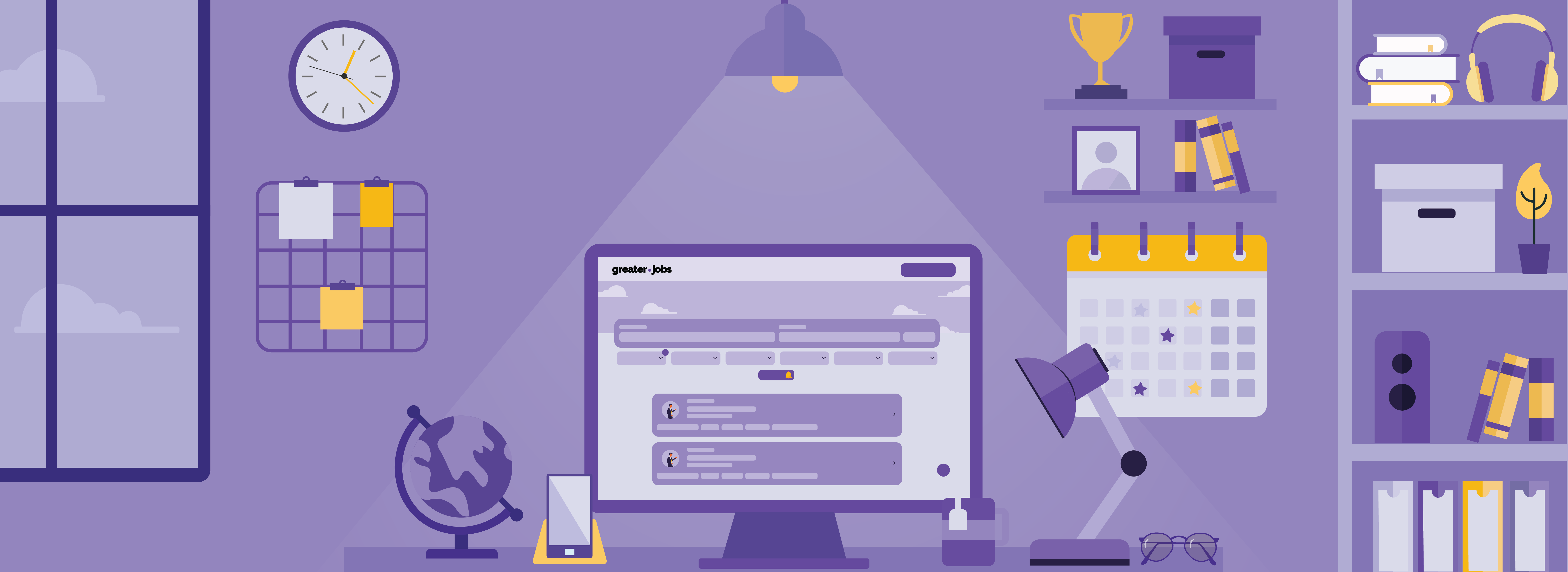 A desk with a computer displaying job listings, a desk lamp, a globe, and a phone. Shelves with books, a trophy, and other office supplies are visible.