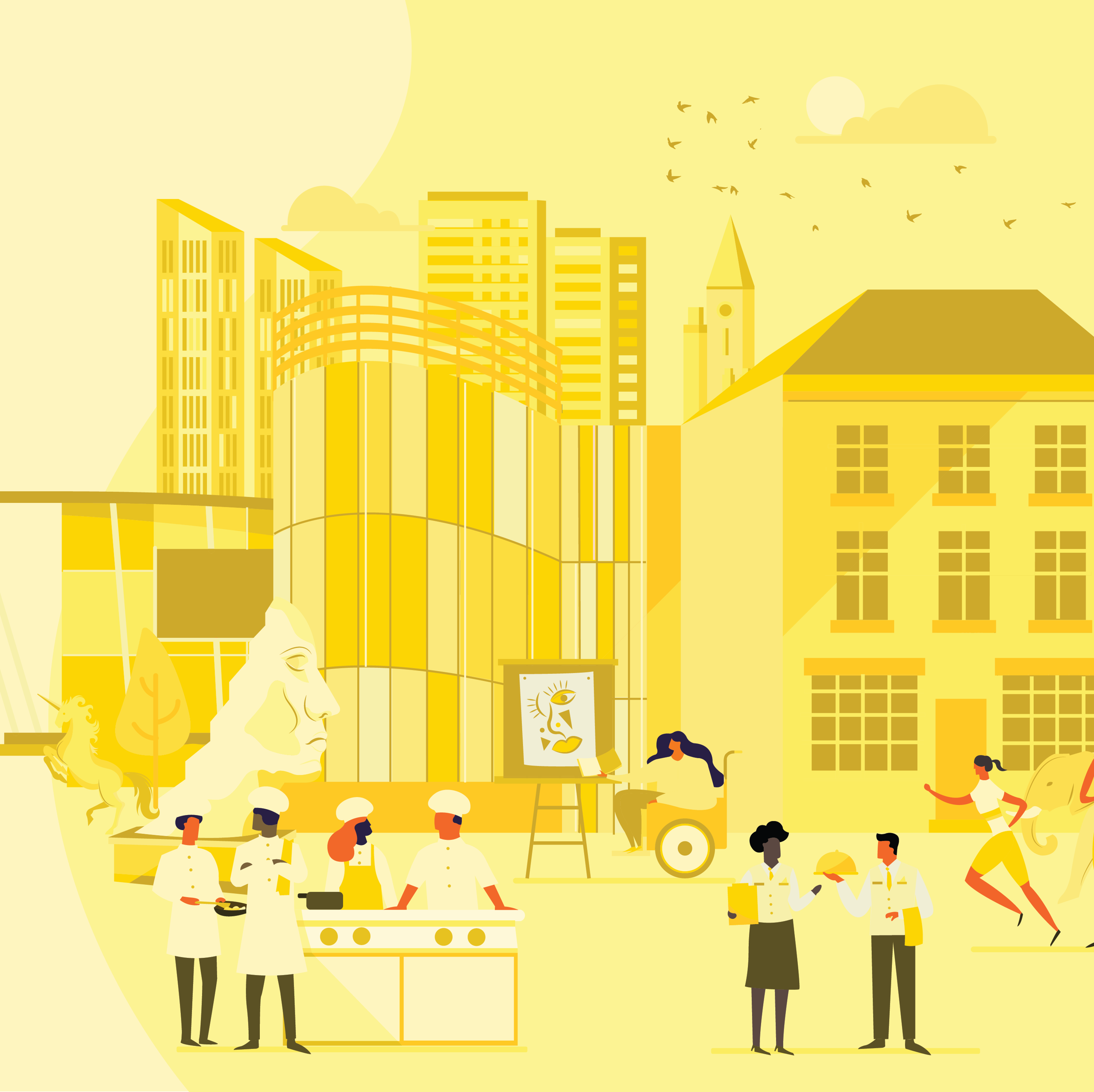 A yellow-toned illustration of a bustling city square with diverse people, chefs, and buildings.