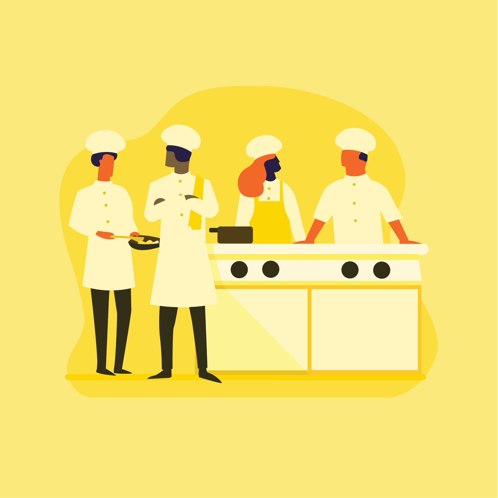 A group of four diverse chefs wearing white uniforms and hats in a professional kitchen setting.