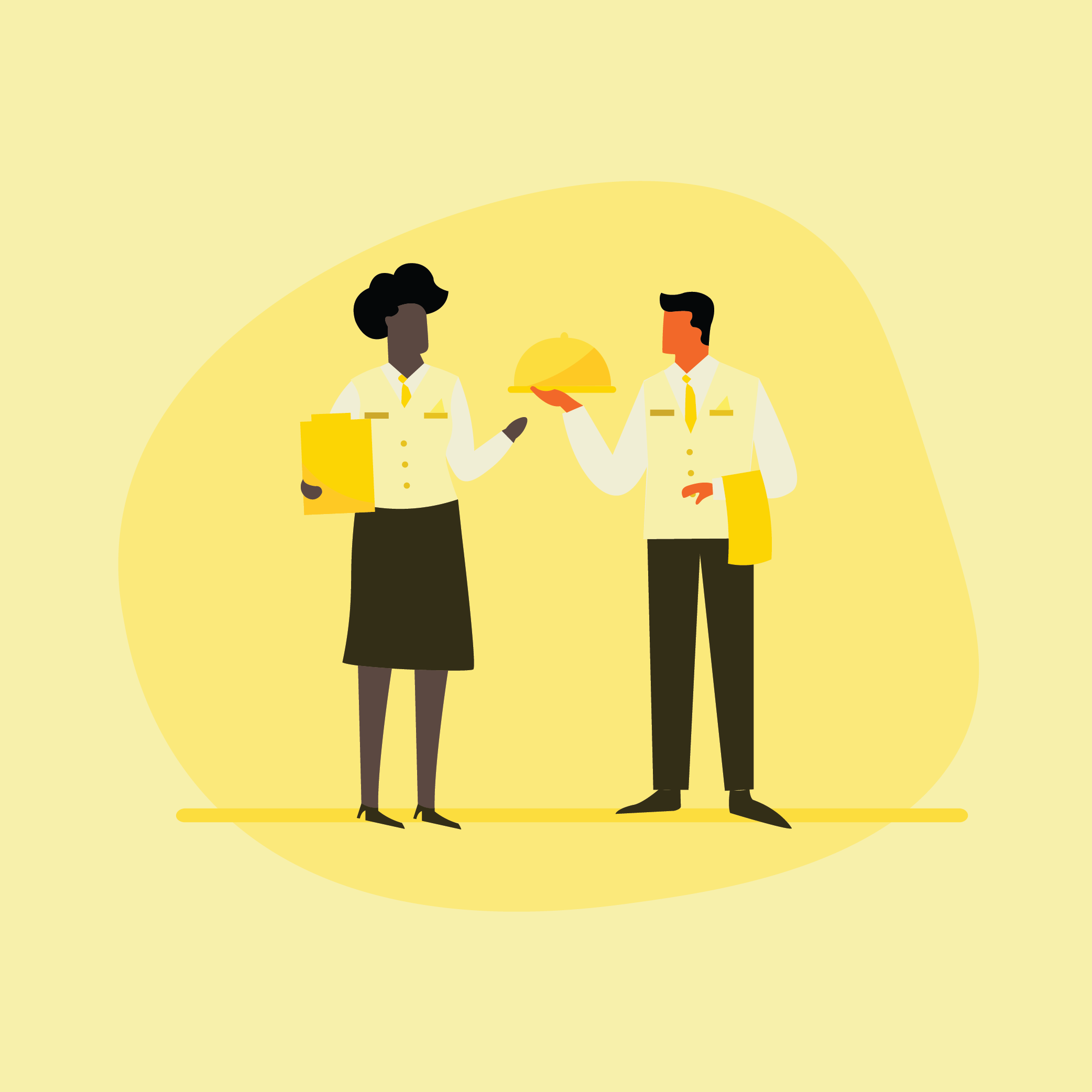 A female restaurant manager with a clipboard talks to a male waiter holding a covered food tray.
