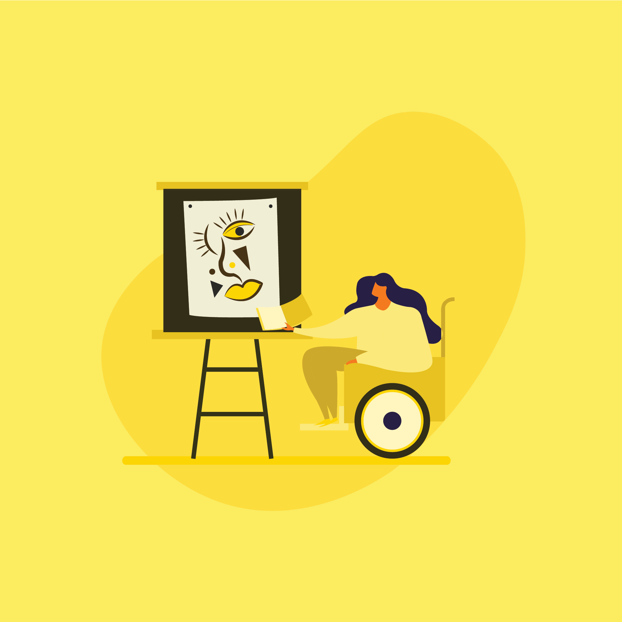 A person in a wheelchair looking at an abstract painting on an easel in a yellow art gallery.