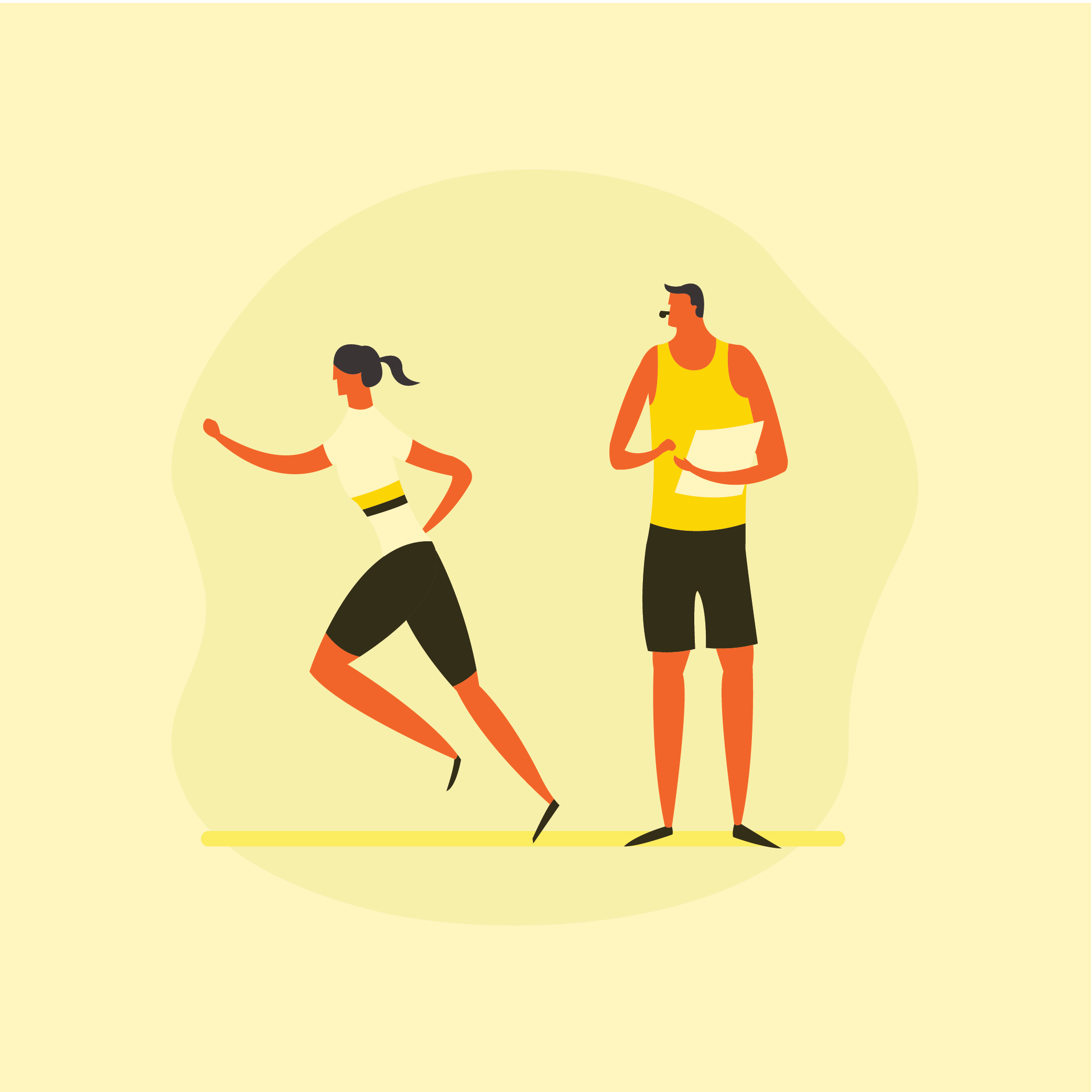 A woman running while a male coach in a yellow tank top observes with a clipboard and whistle.