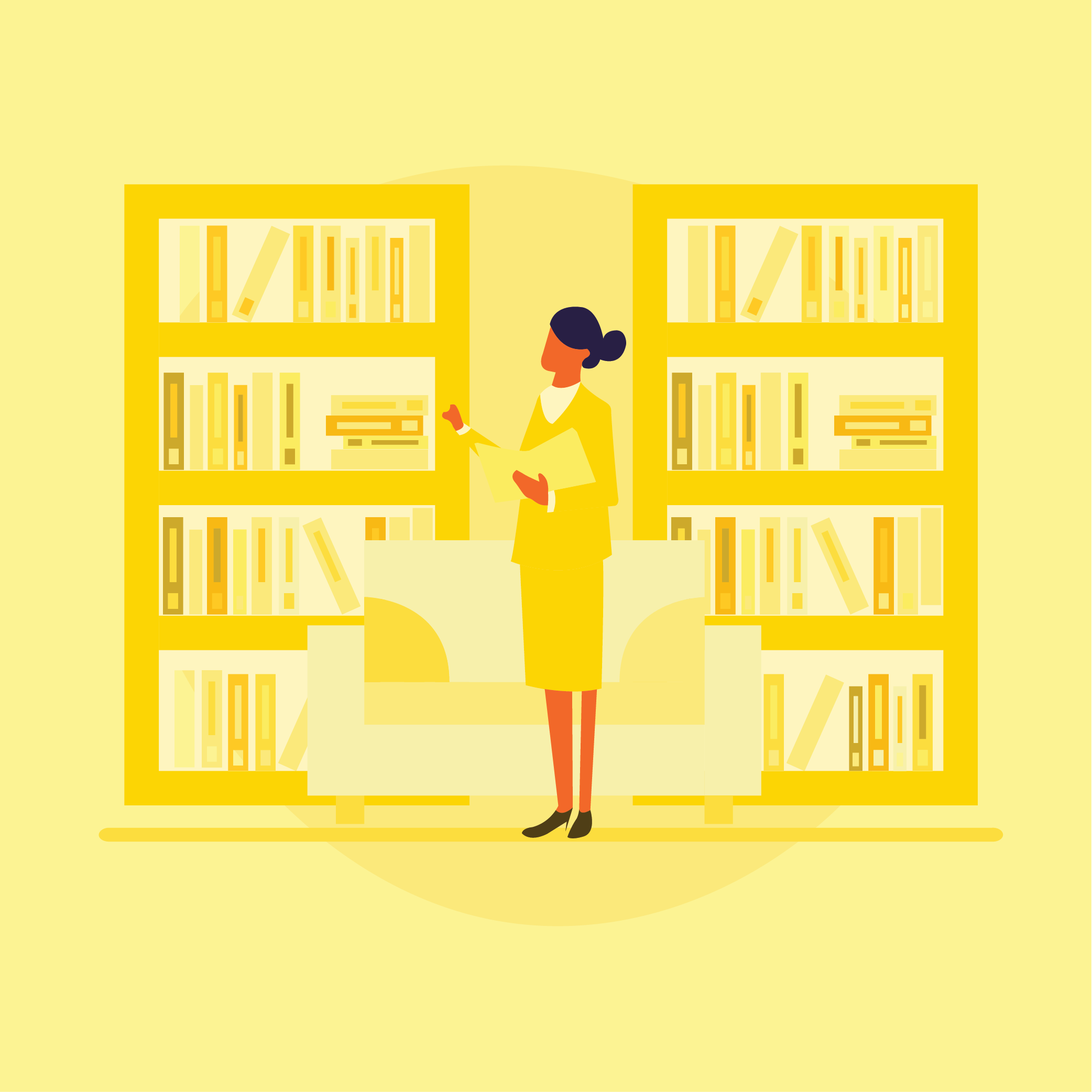 A librarian holding a folder standing in front of bookshelves and a couch in a library.