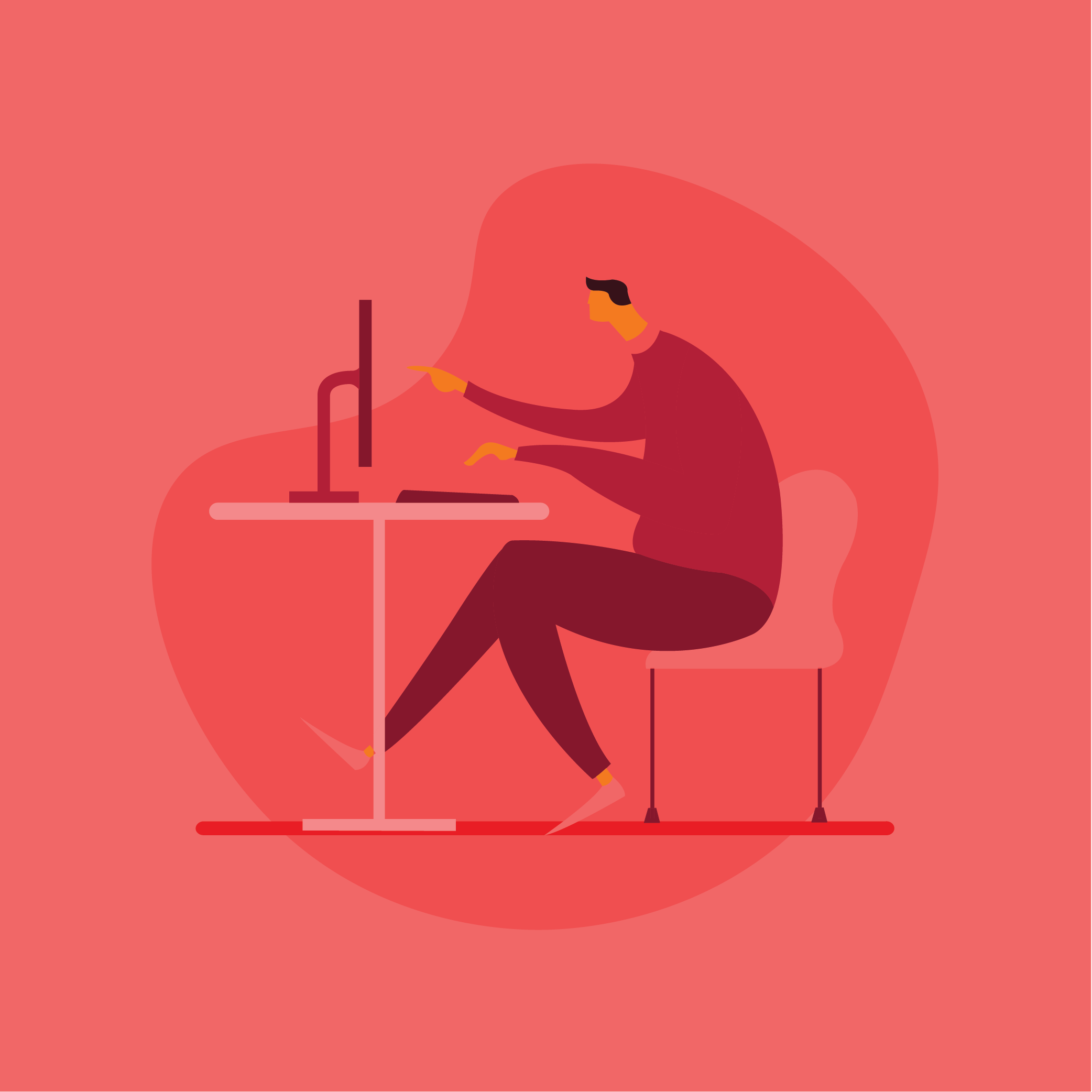 A minimalist flat illustration of a person sitting at a desk and pointing at a computer monitor.
