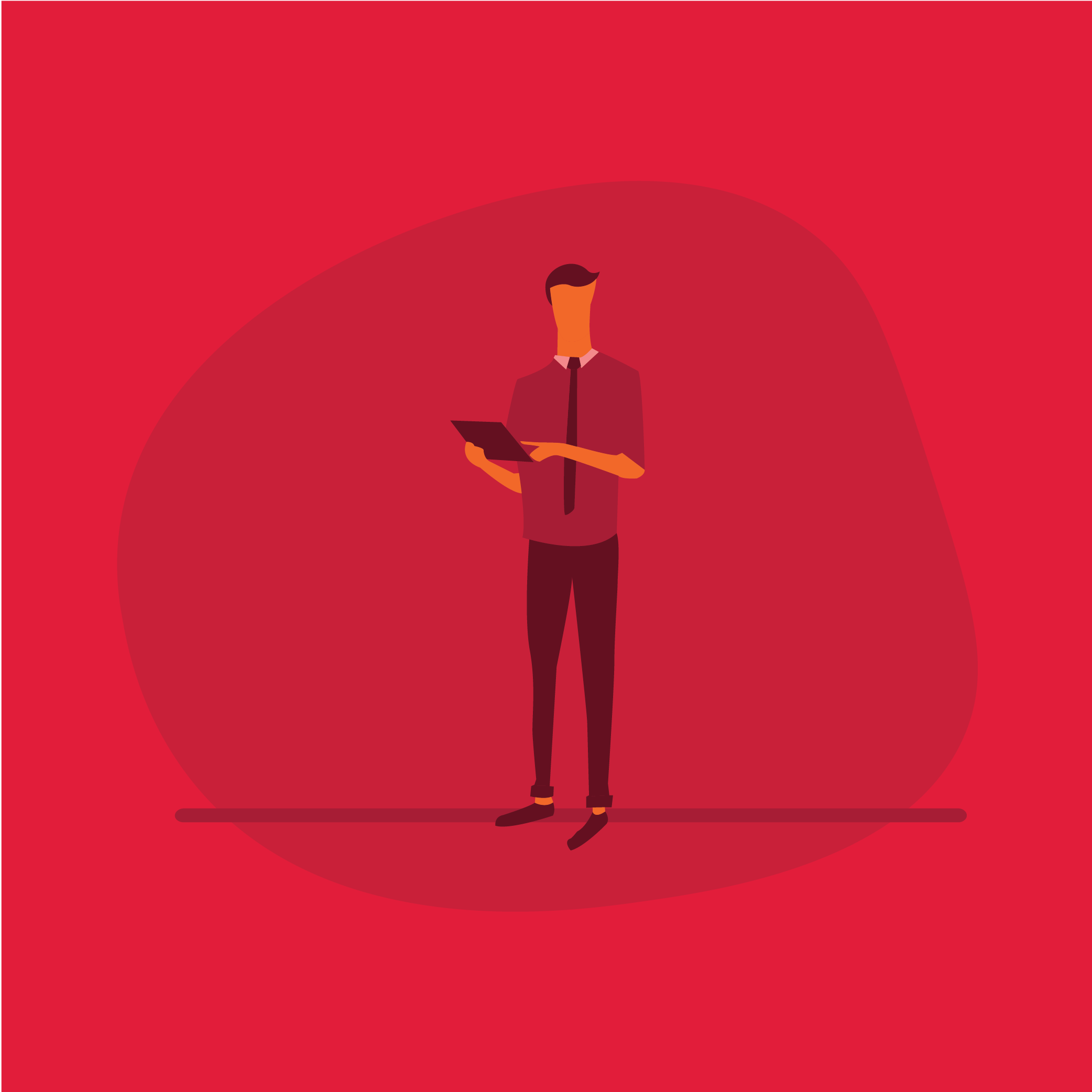 A stylized flat illustration of a professional person in a shirt and tie holding a tablet.
