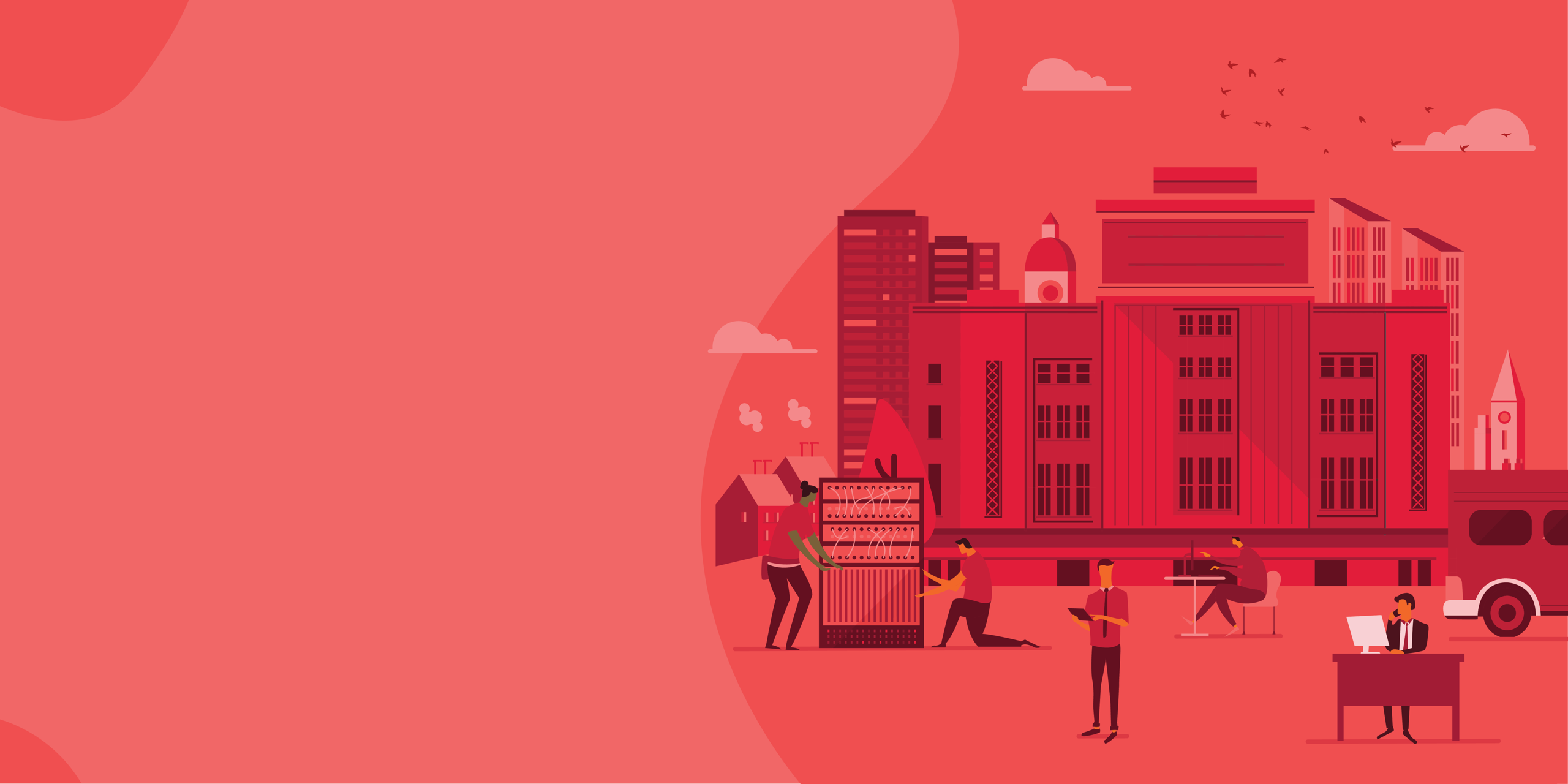 A flat illustration of people managing server equipment and technology in front of a city skyline.