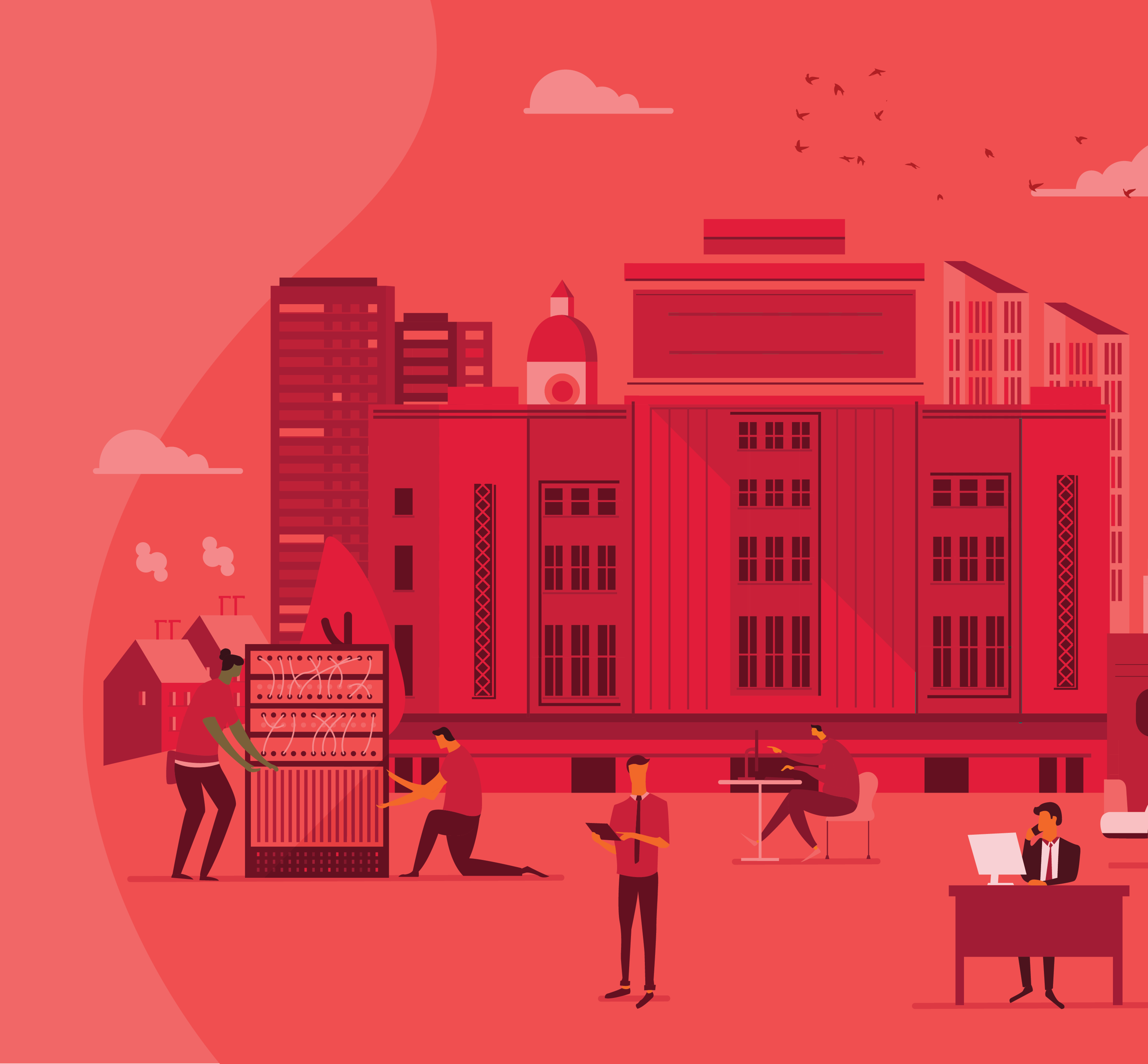 A flat illustration of people managing server equipment and technology in front of a city skyline.