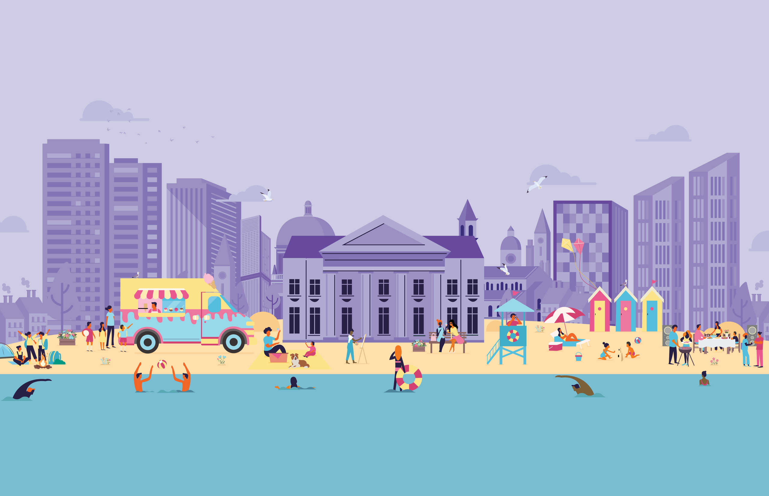 A flat-style illustration of a crowded city beach with people swimming, eating at a food truck, and enjoying activities in front of a city skyline.