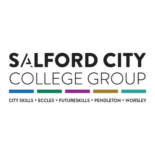 Logo for Salford City College Group featuring colored bars and campus names underneath.