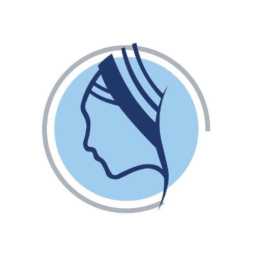 Stylized profile of St Teresa in blue and grey inside a circular frame.