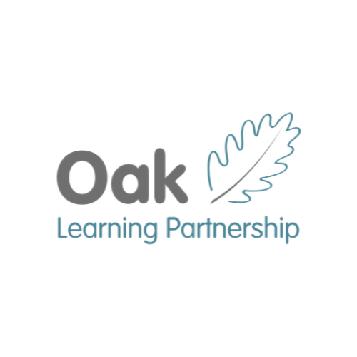 Logo for Oak Learning Partnership featuring text and a blue outline of an oak leaf.