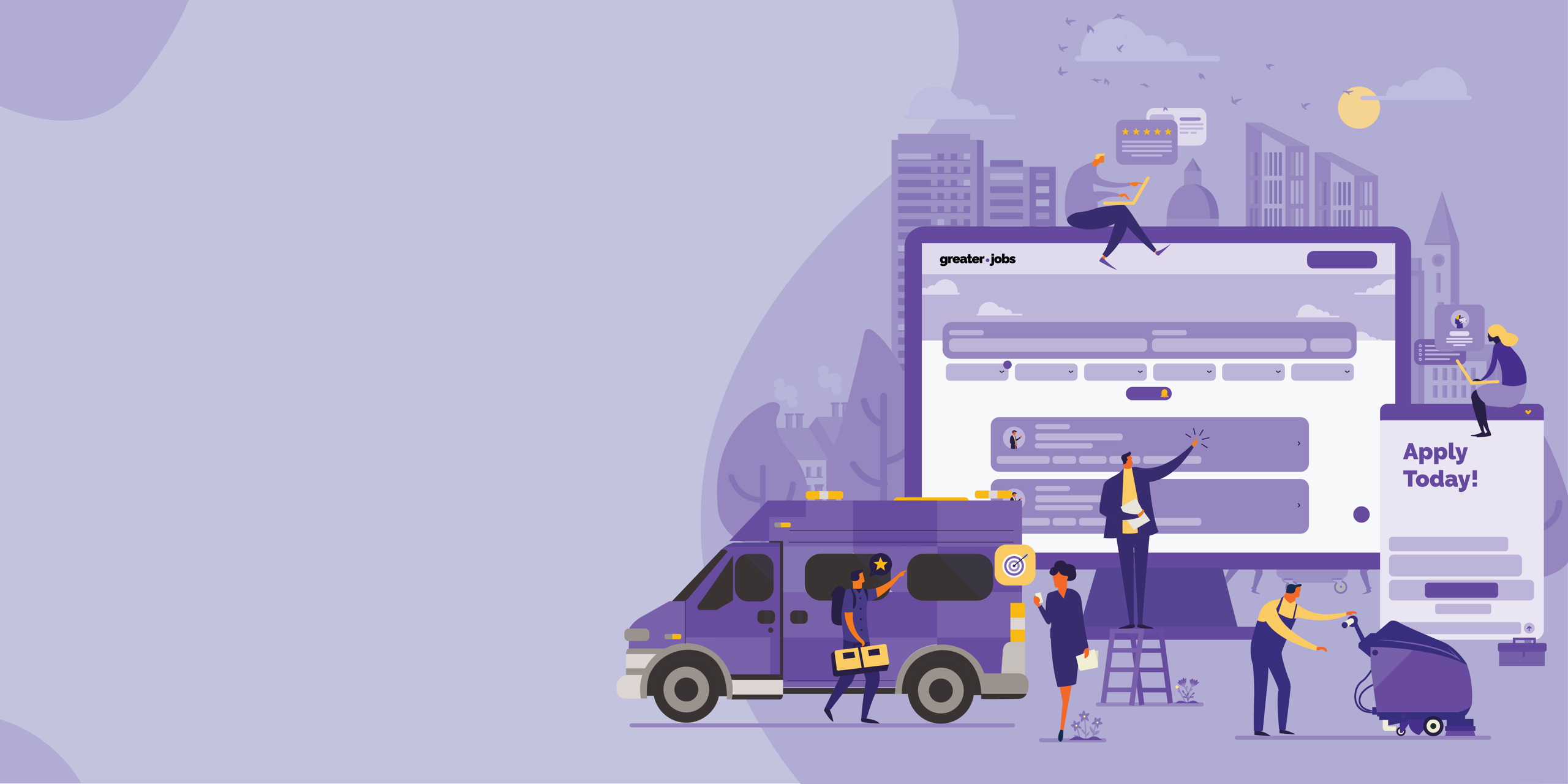 Illustration of people interacting with a giant job portal screen and a delivery van.